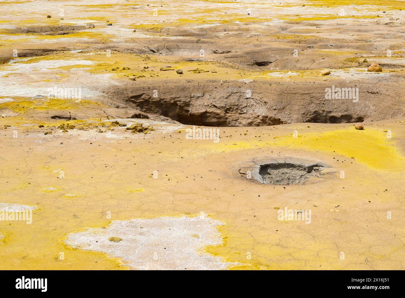 Hot geysers with sulfur and mud in the Stefanos crater on Nisyros island in Greece Stock Photo