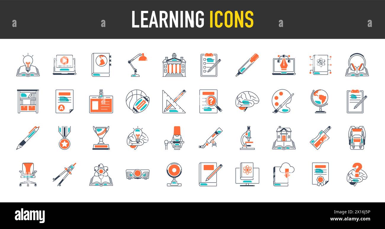 Learning set of web icons in solid style. Education icons for web and mobile app. E-learning, video tutorial, knowledge, study, school, university. Stock Vector