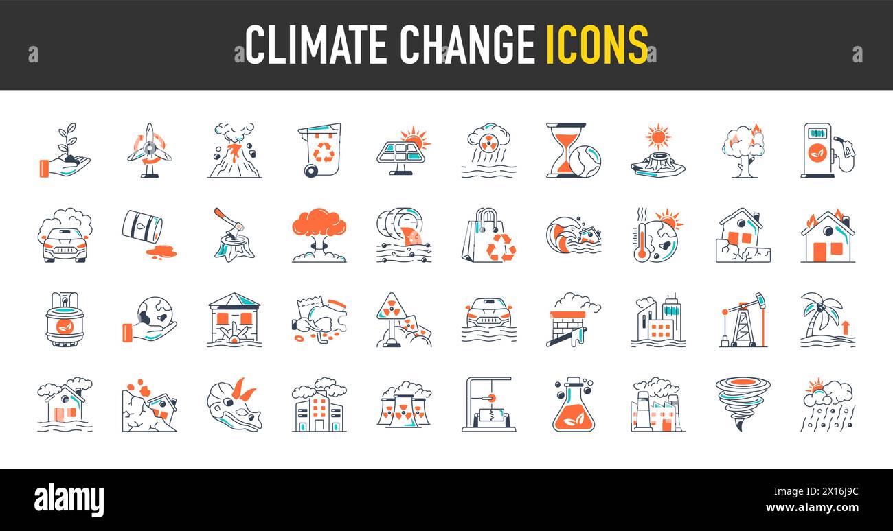 Climate change icon set. Containing global warming, greenhouse, melting ice, earth pollution and disaster icons. Solid icon set. Stock Vector