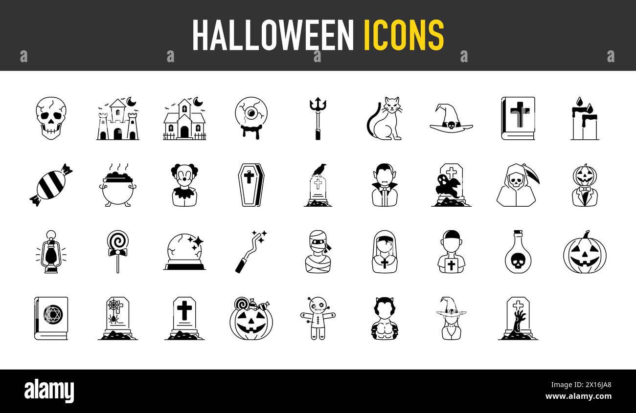 Halloween icon. include monster such as angle of death, dracula, mask of murderer, bat and cute ghost, abandoned house, owl, candle, black cat, candy. Stock Vector