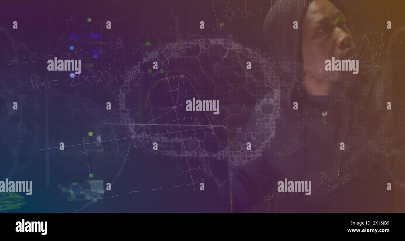 Image of digital brain and mathematical equations over african american ...