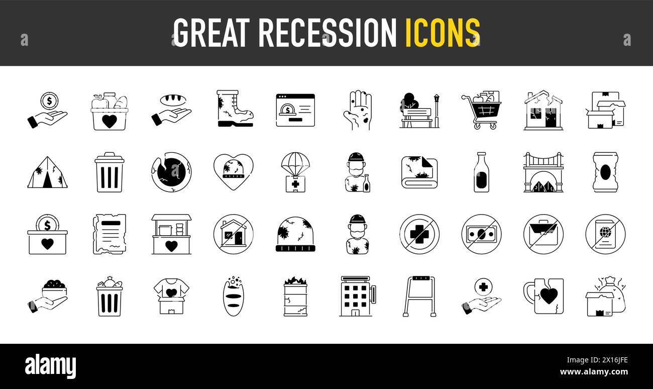 Great recession economic crisis web icon set premium style. Decrease, layoff, job fired, pay cuts, low cost, collection. Vector illustration. Stock Vector