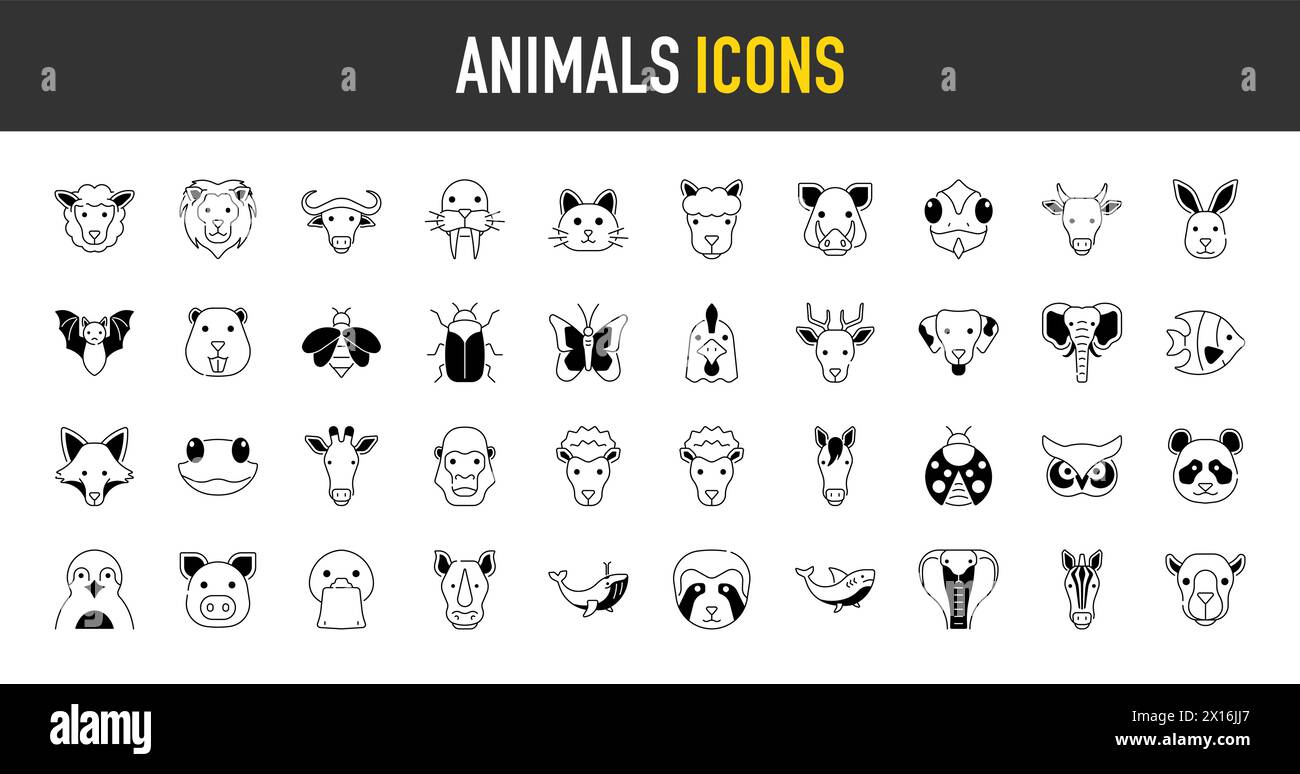 Set of vector animals icons illustration. Such as lion, pig, tiger, elephant, panda, snake, butterfly, fish, dog, whale, insects, cat and more icon. Stock Vector