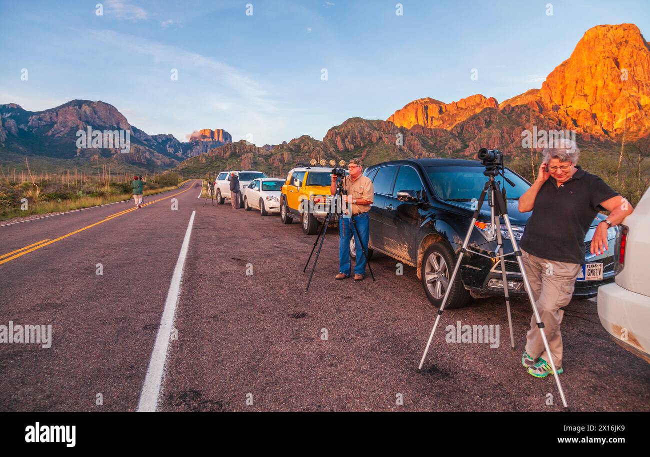 Photographers capturing early morning light on Chisos Mountains in Big Bend National Park. Stock Photo