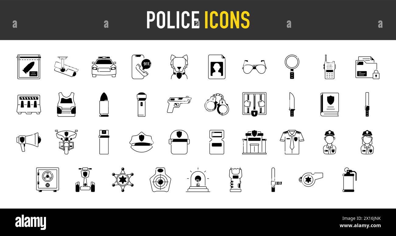 Police icon set. Containing car, dog, gun, police station, walkie talkie, bike, handcuffs and emergency call icons. Solid icon collection. Stock Vector