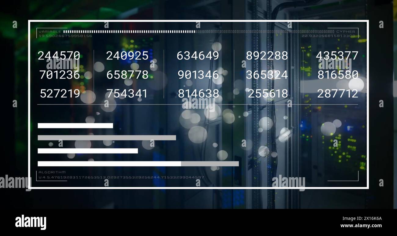 Image of data processing and light spots over server room on black background Stock Photo