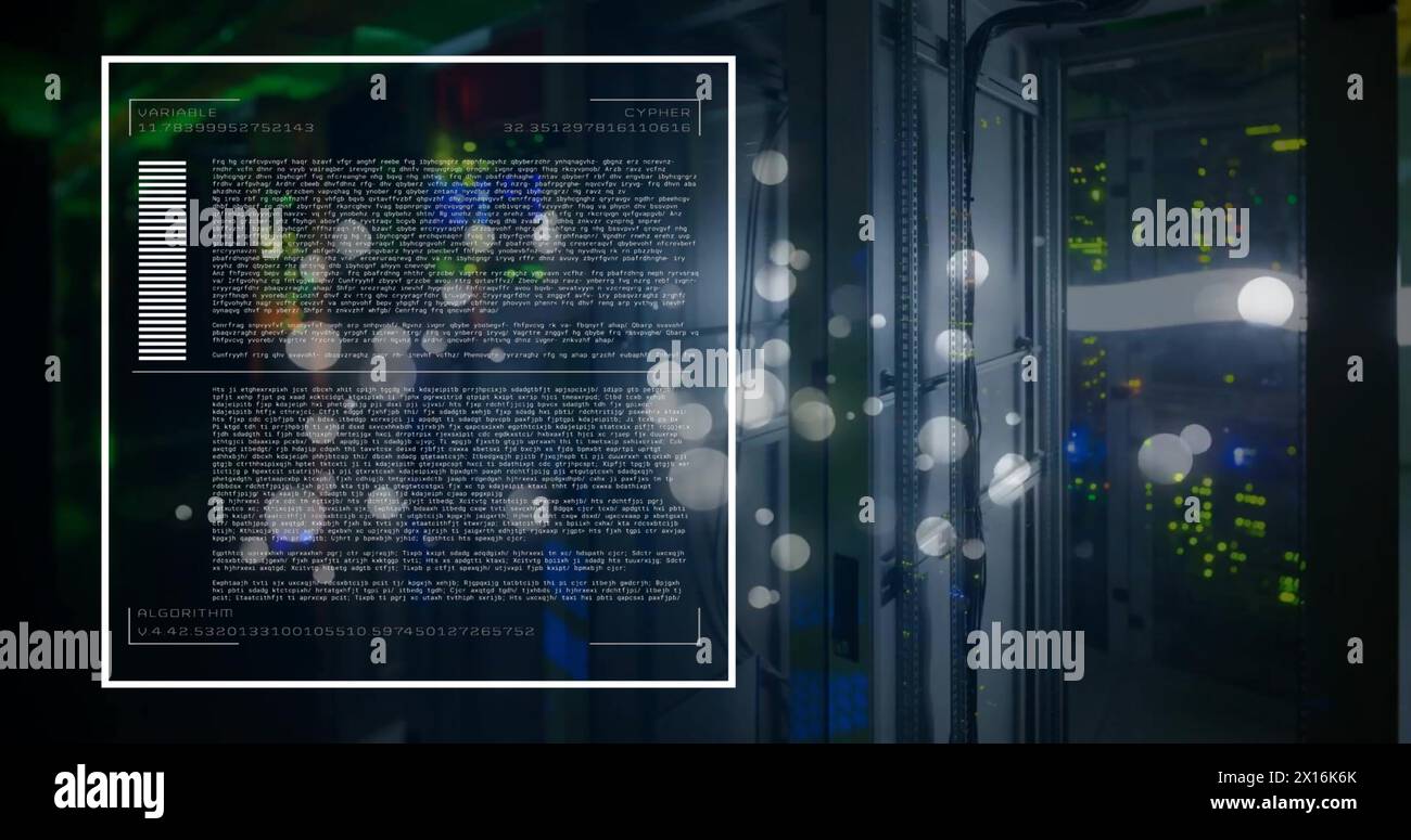 Image of data processing and light spots over server room on black background Stock Photo