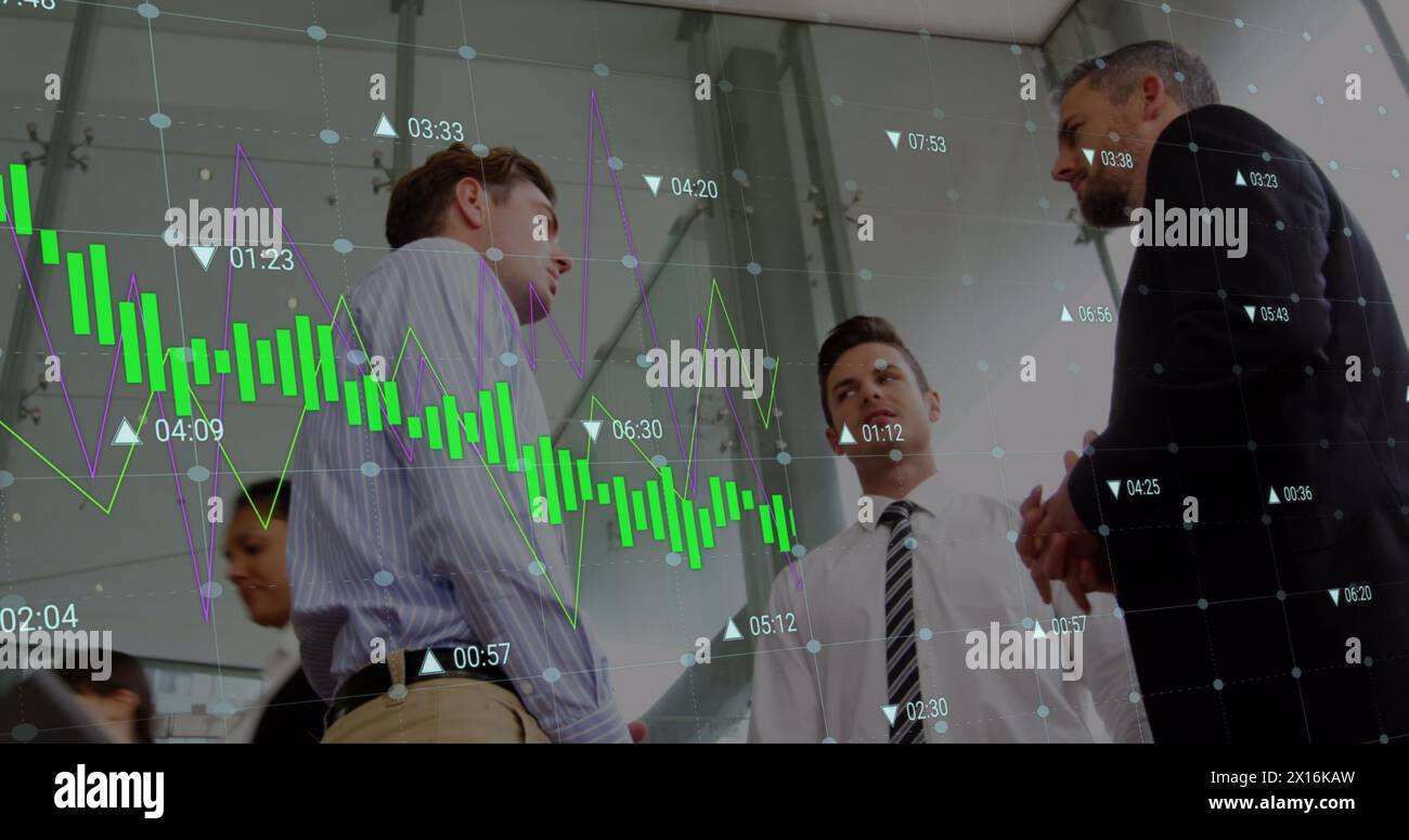 Image of digital interface and financial data processing over business people Stock Photo