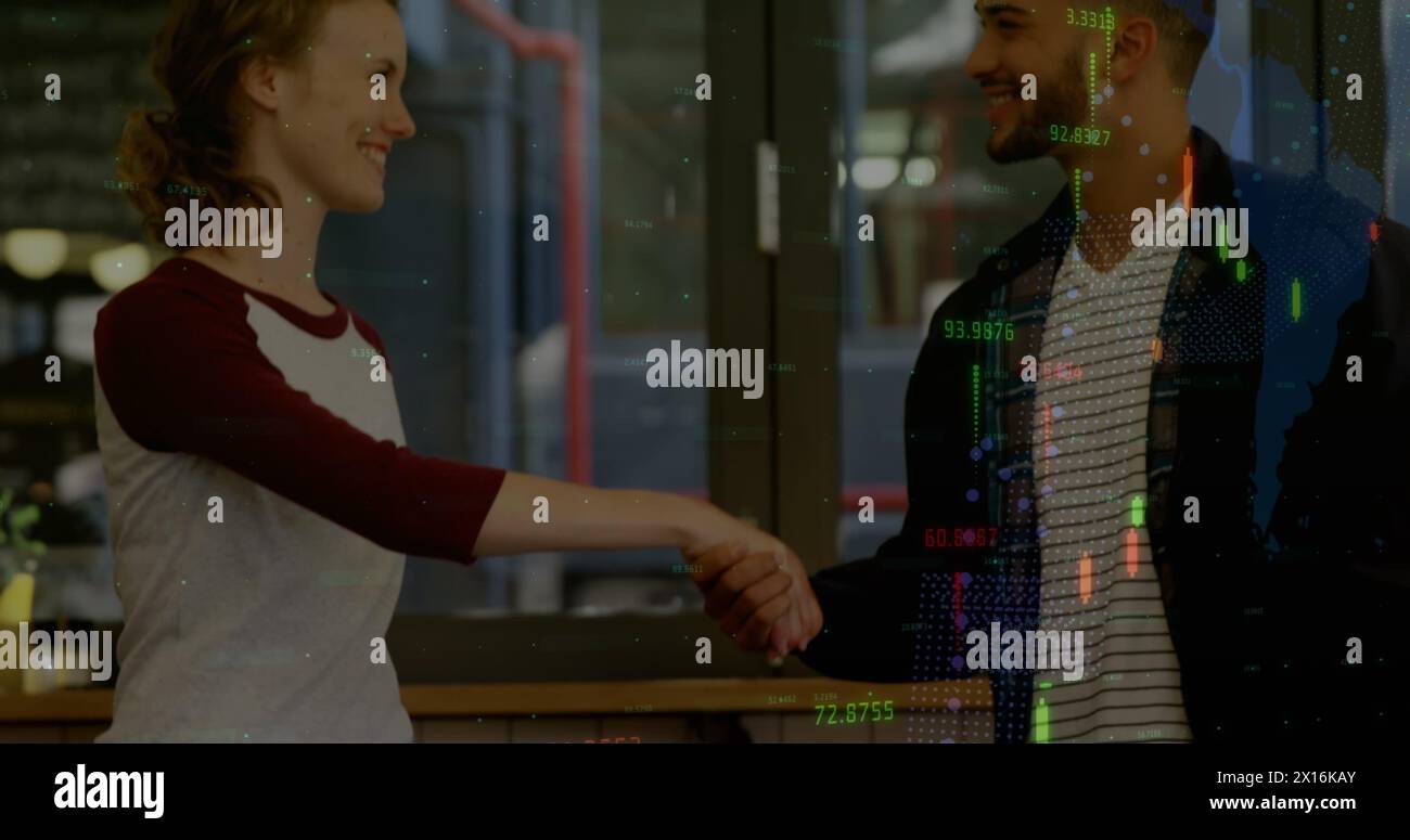 Image of digital interface and financial data processing over business people Stock Photo