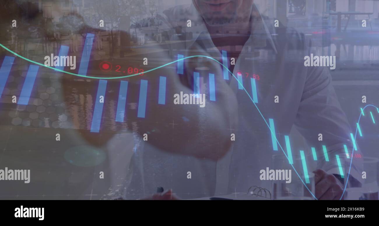 Image of digital interface and financial data processing over business people Stock Photo