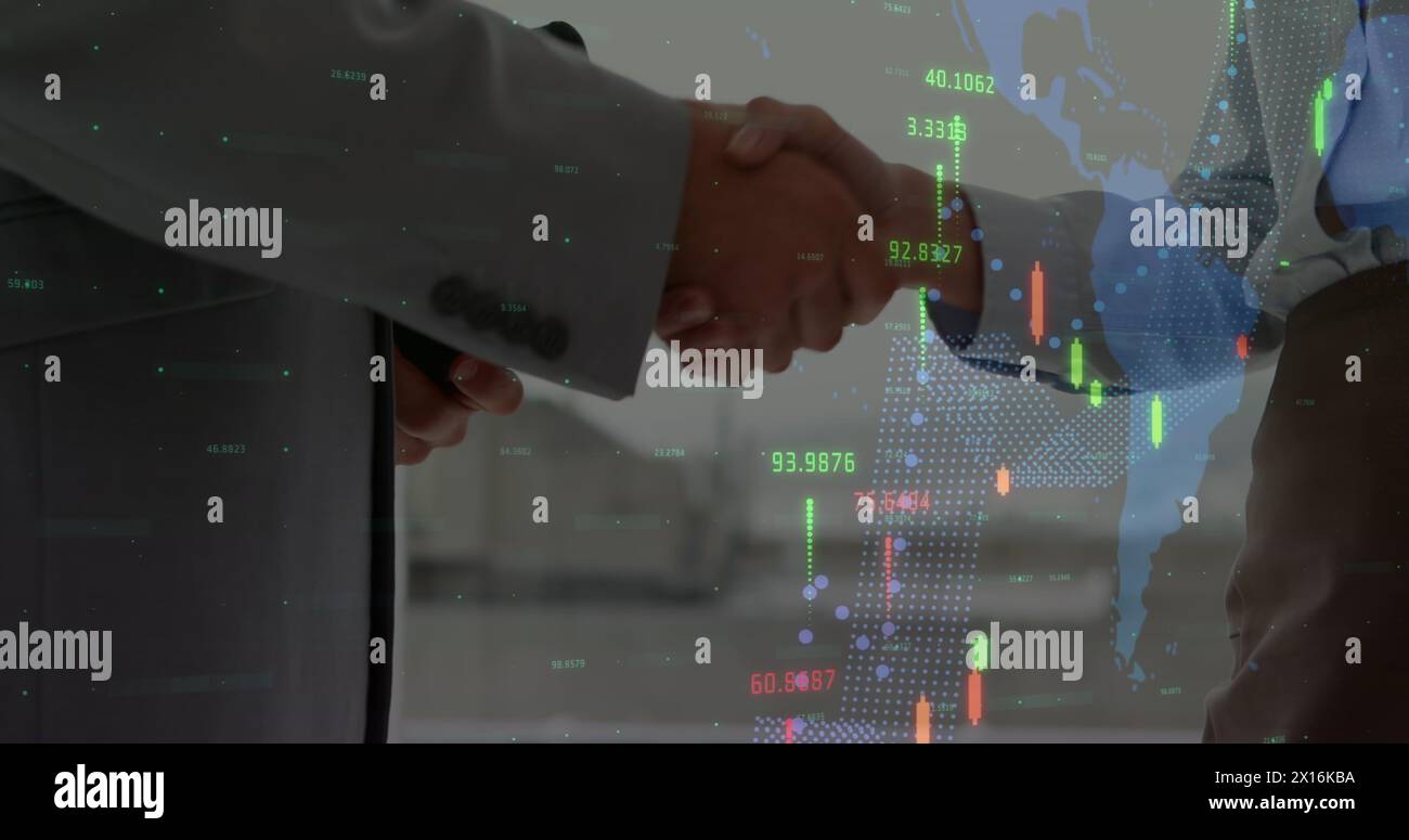 Image of digital interface and financial data processing over business people Stock Photo