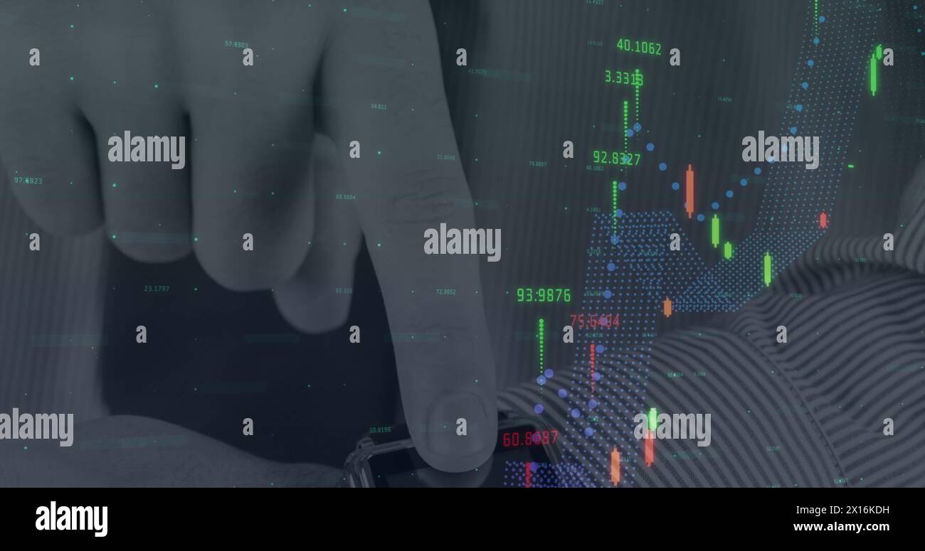 Image of financial data processing over hand Stock Photo