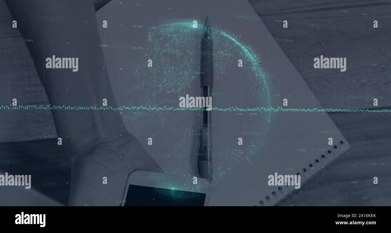 Image of financial data processing and globe over hand holding smartphone Stock Photo