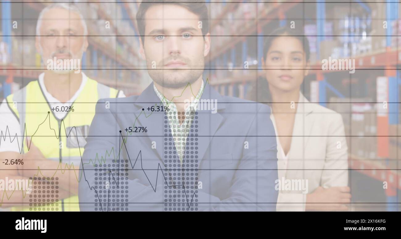 Image of statistics and data processing over businessman handshake Stock Photo