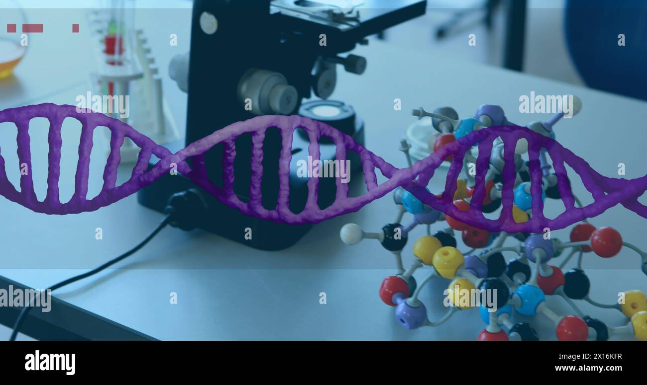 Image of dna strand over lab Stock Photo