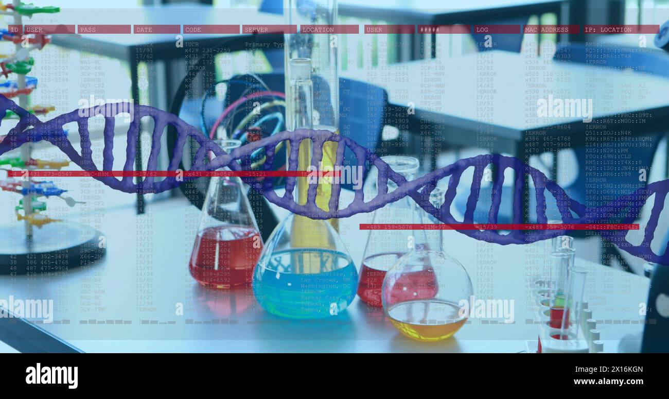 Image of dna strand over lab Stock Photo
