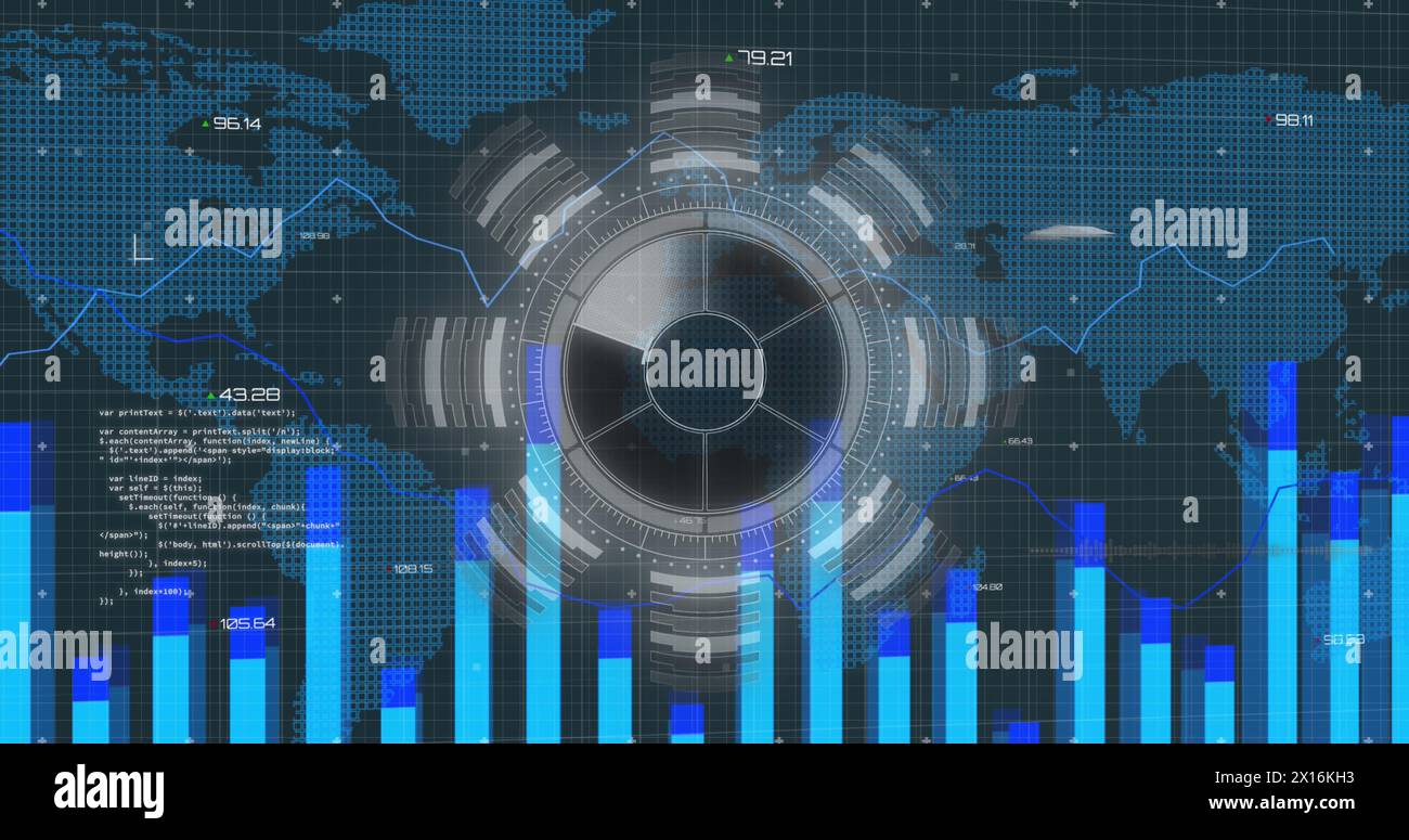 Image of scope scanning over data processing and world map Stock Photo ...