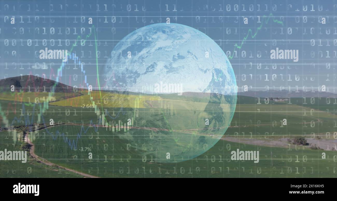 Image of financial data processing binary coding over earth and countryside Stock Photo