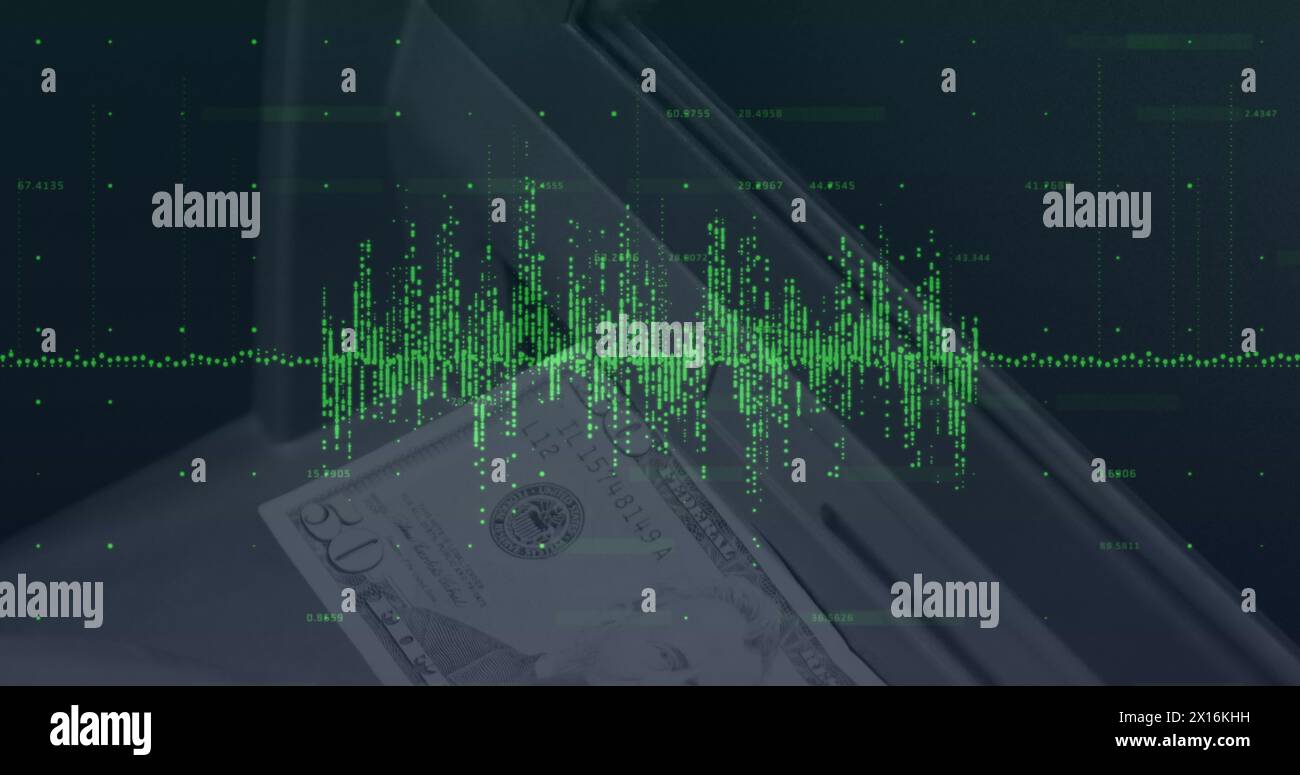Image of financial data processing over banknote on desk Stock Photo