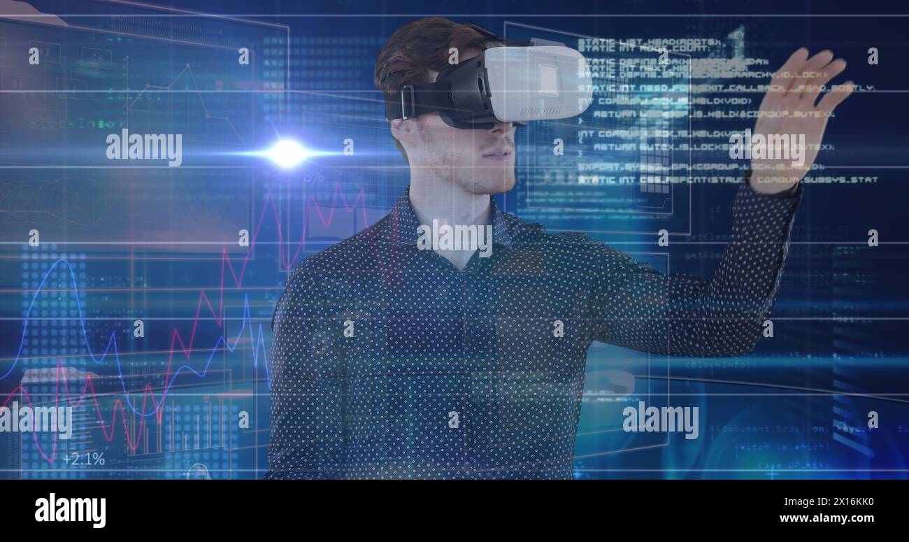 Image of caucasian businessman in vr headset using touchscreen with diverse data Stock Photo