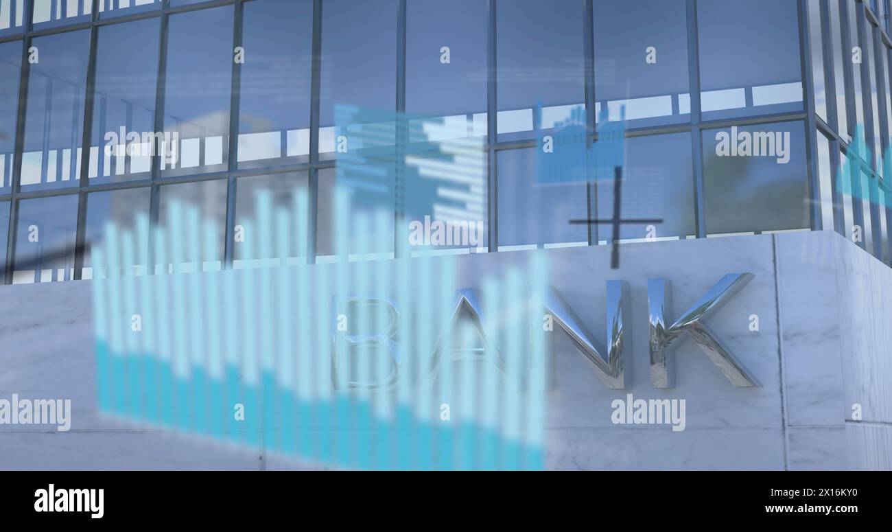 Digital image of statistical data processing over bank building in background Stock Photo