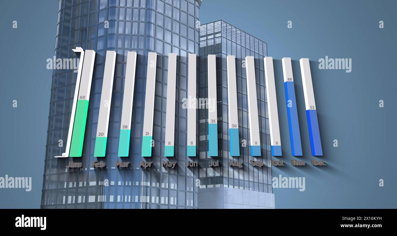 Digital image of statistical data processing against tall buildings Stock Photo