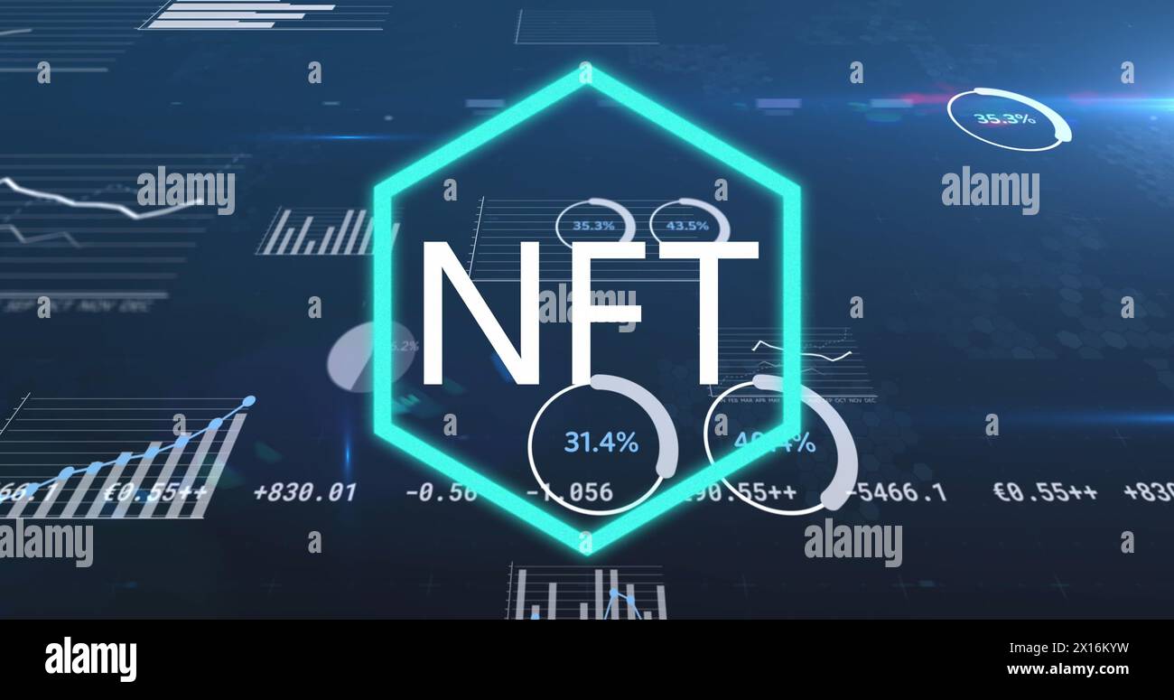 Image of data processing and nft text over blue background Stock Photo