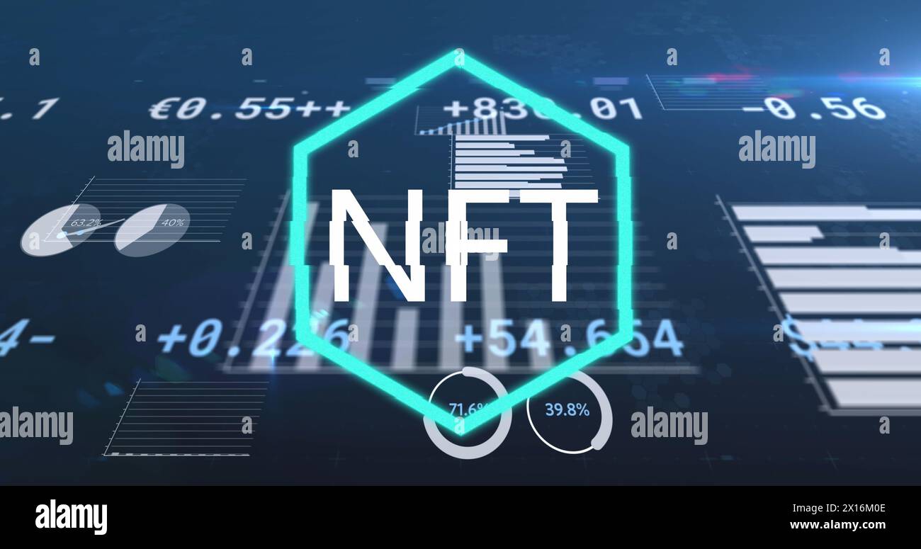 Image of data processing and nft text over blue background Stock Photo
