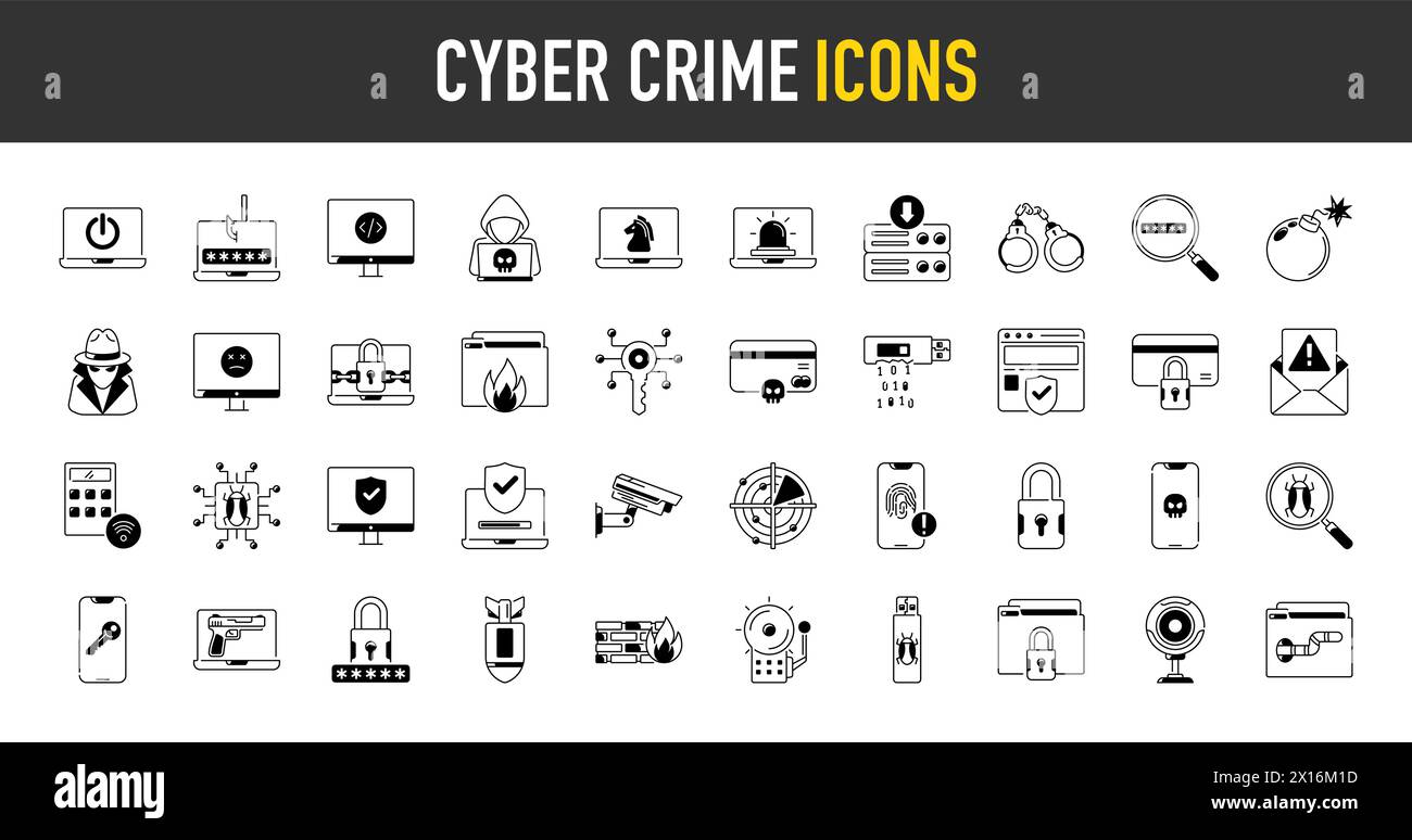 Cyber crime and security icon set. Data protection symbol. Secured network icon collection. Technology concept. Vector illustration. Stock Vector
