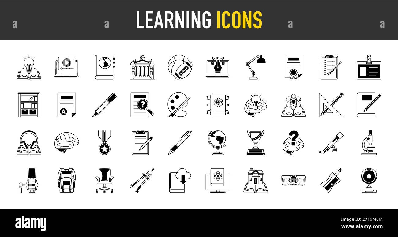 Learning set of web icons in solid style. Education icons for web and mobile app. E-learning, video tutorial, knowledge, study, school, university. Stock Vector