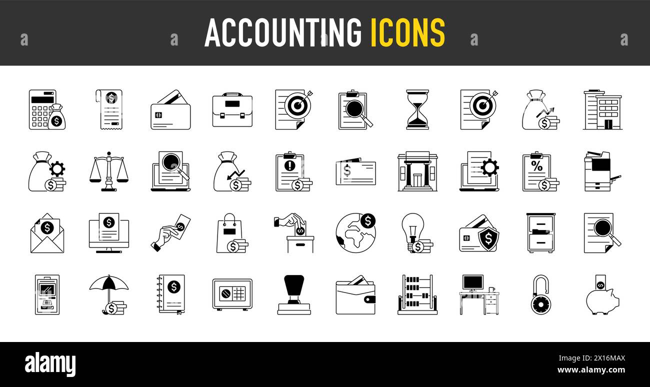 Set of icon related to accounting income, salary, money, bank, brief case, stamp, xerox machine, business. Icon collection. Vector illustration Stock Vector