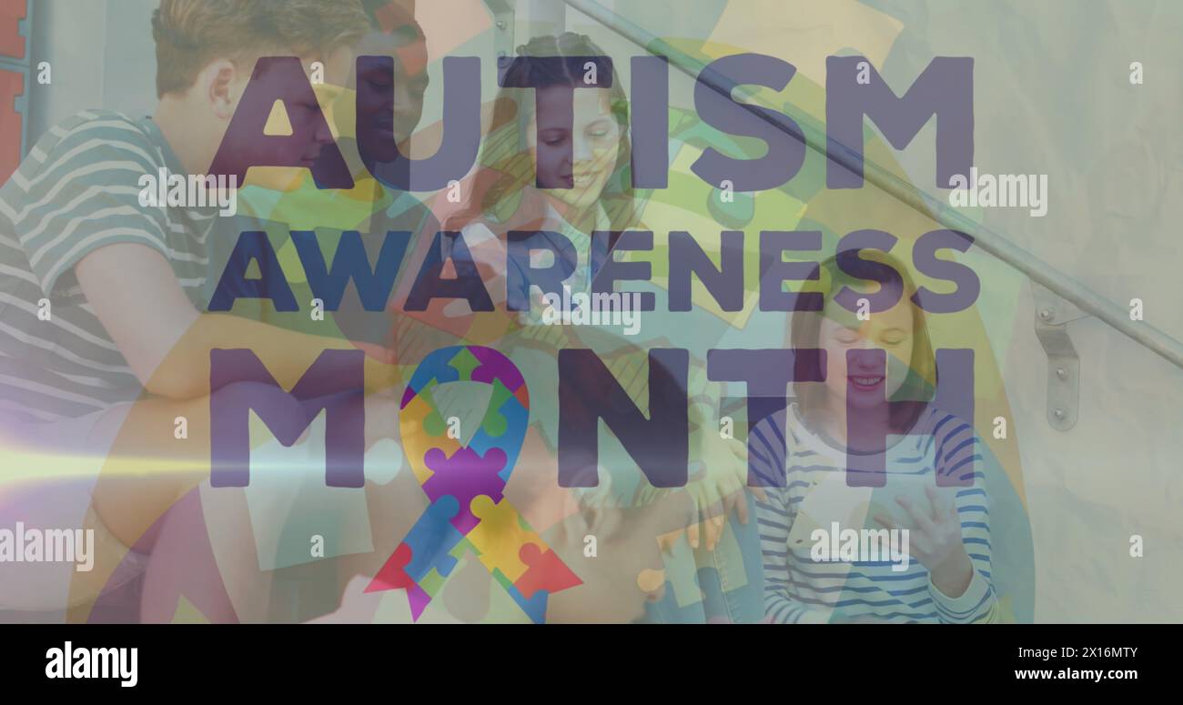 Image of autism awareness month text over diverse schoolchildren Stock Photo