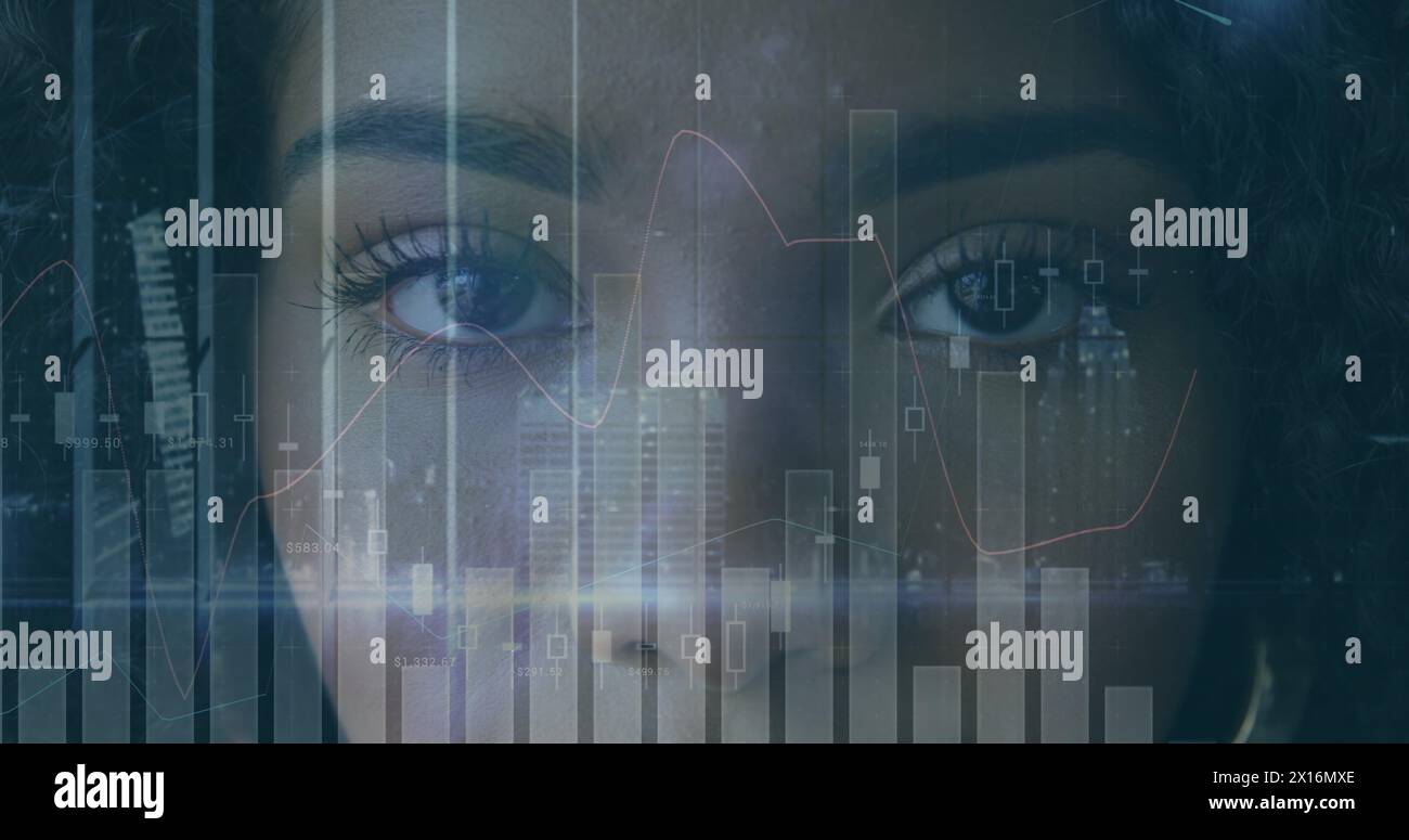 Image of data processing over african american woman Stock Photo
