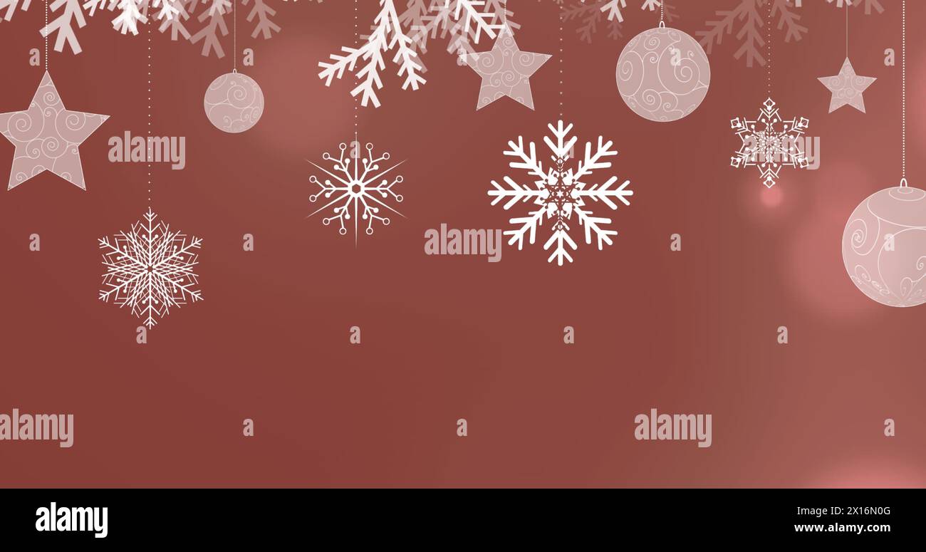 Image of snowflakes and baubles on brown background Stock Photo