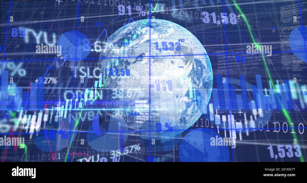 Image of data processing over globe and binary coding Stock Photo
