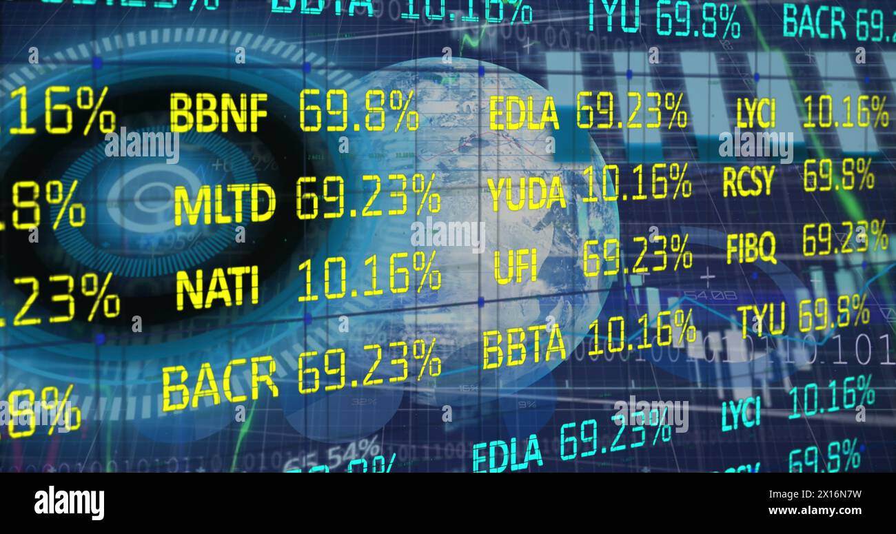 Image of globe, processing circles, graphs and financial data on digital screen Stock Photo