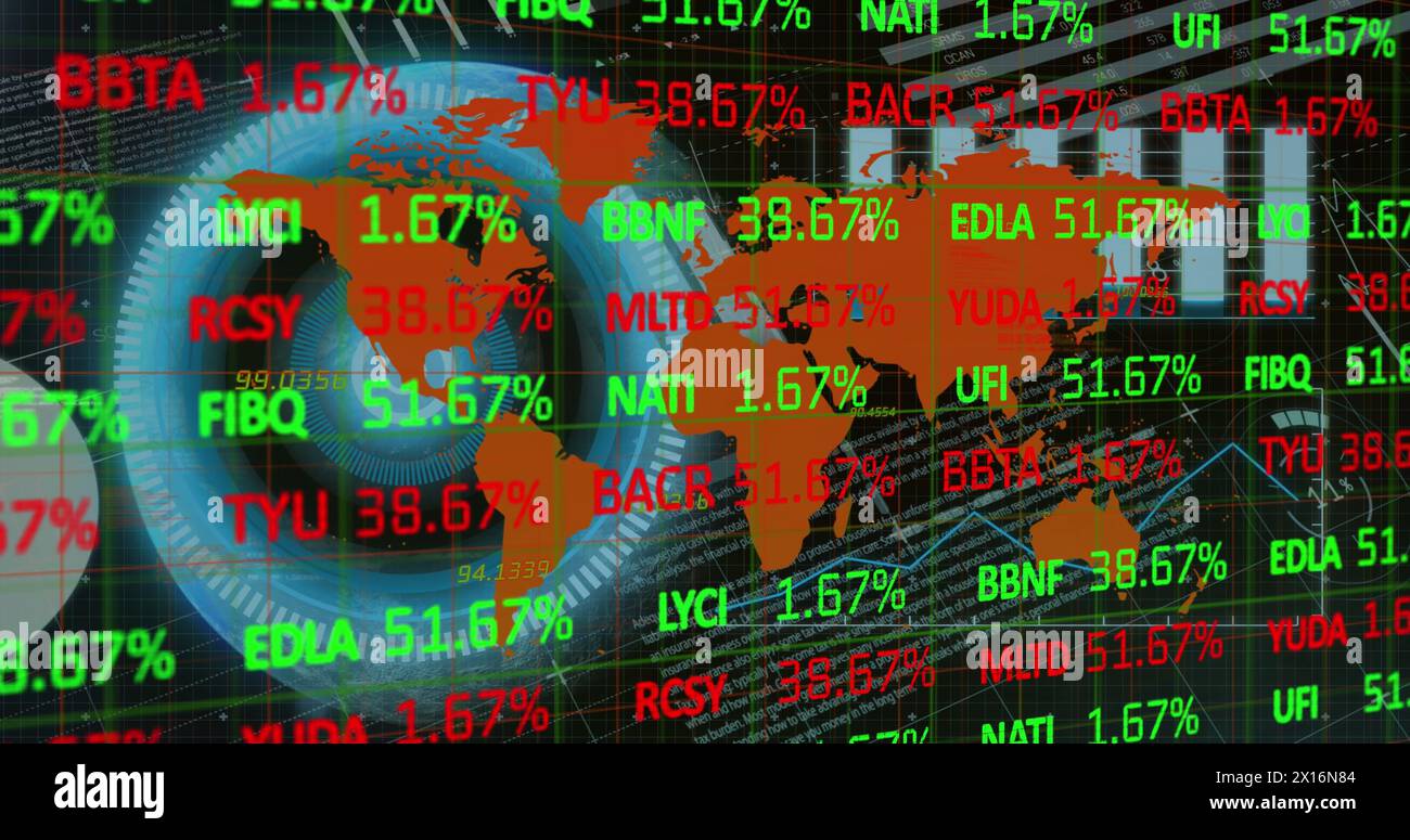 Digital animation world map graphs - Image Of Globe World Map Graphs And Financial Data On Digital Screen 2X16N84