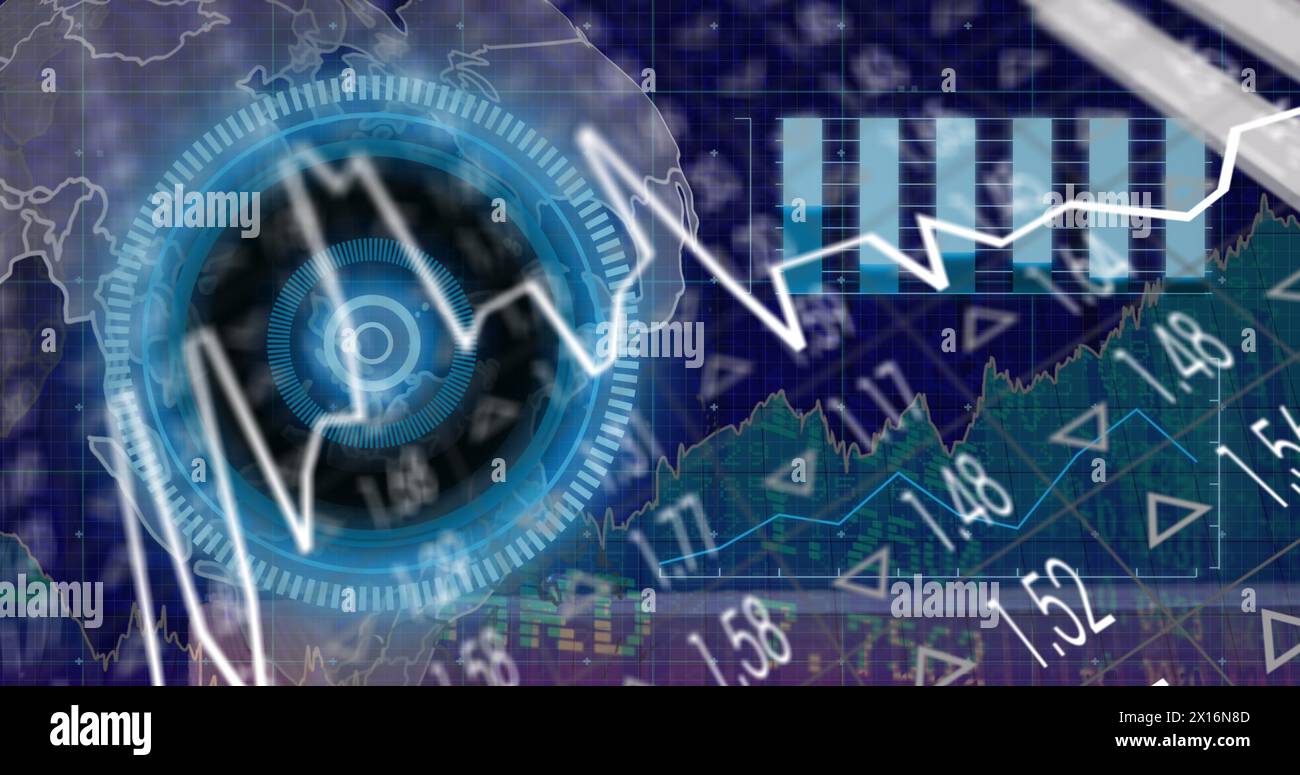 Image of globe, processing circle, graphs and financial data on digital screen Stock Photo
