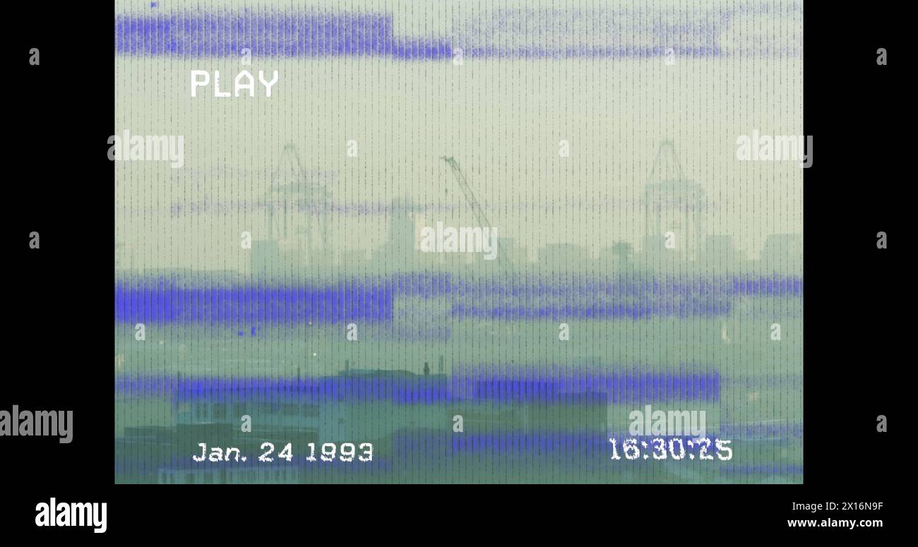 Image of white lines moving and interference on playback interface screen on screen Stock Photo