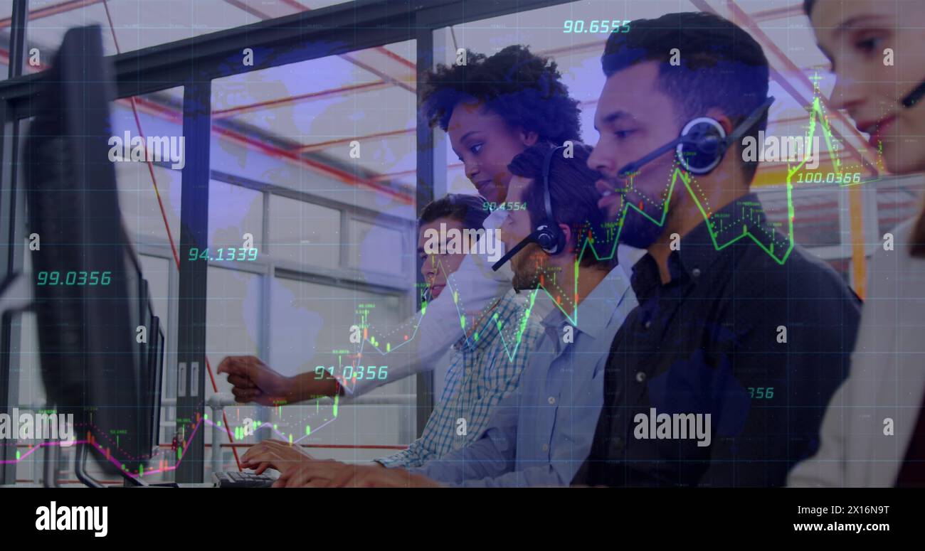 Image of financial data processing over diverse customer care executives working at office Stock Photo