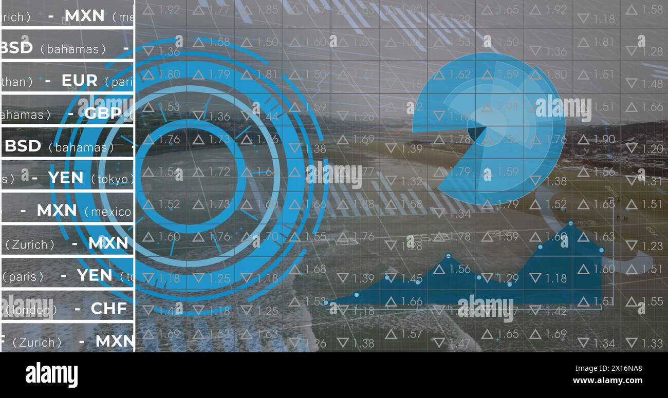 Image of processing circle, road, graphs and financial data on digital screen Stock Photo
