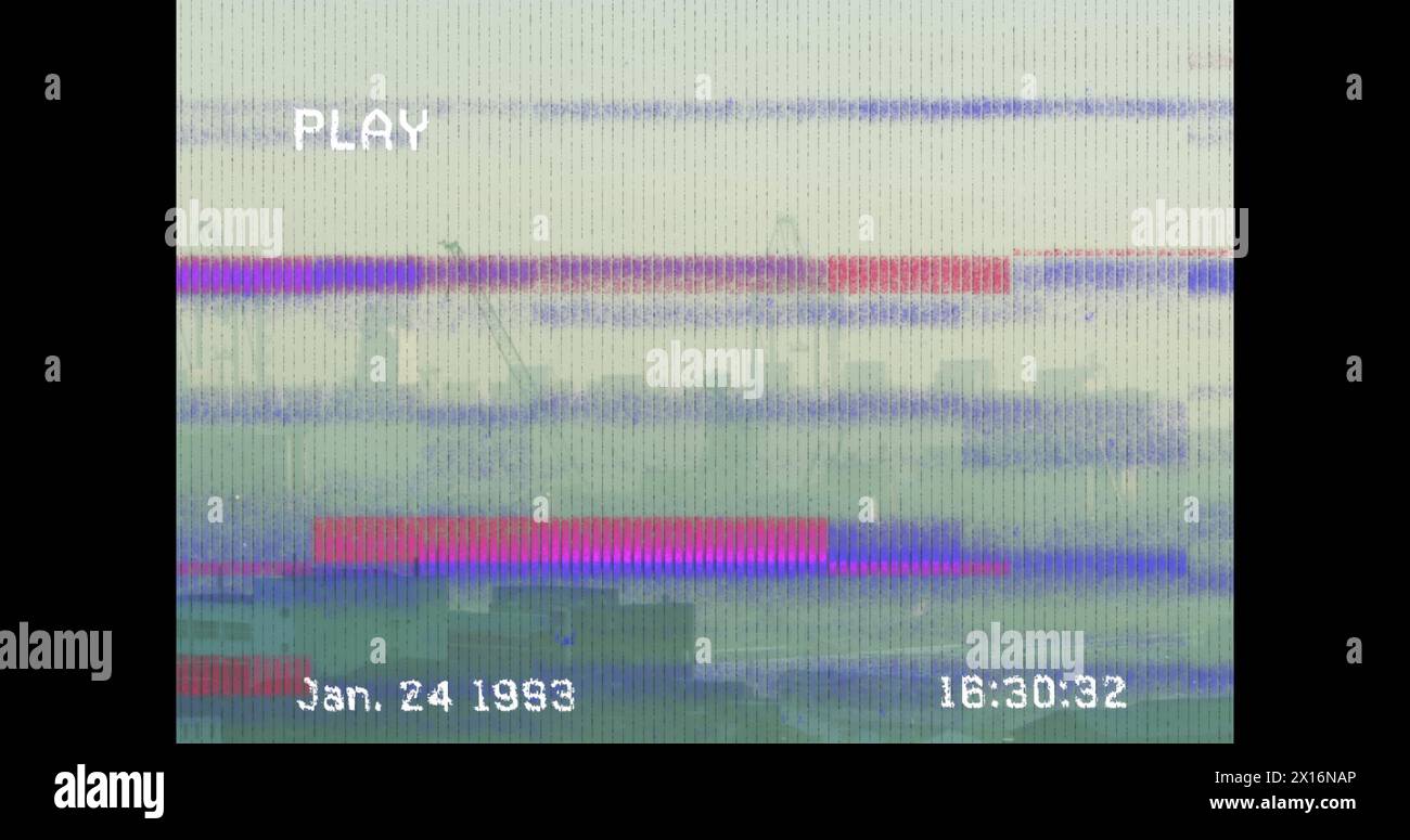 Image of white lines moving and interference on playback interface screen on screen Stock Photo