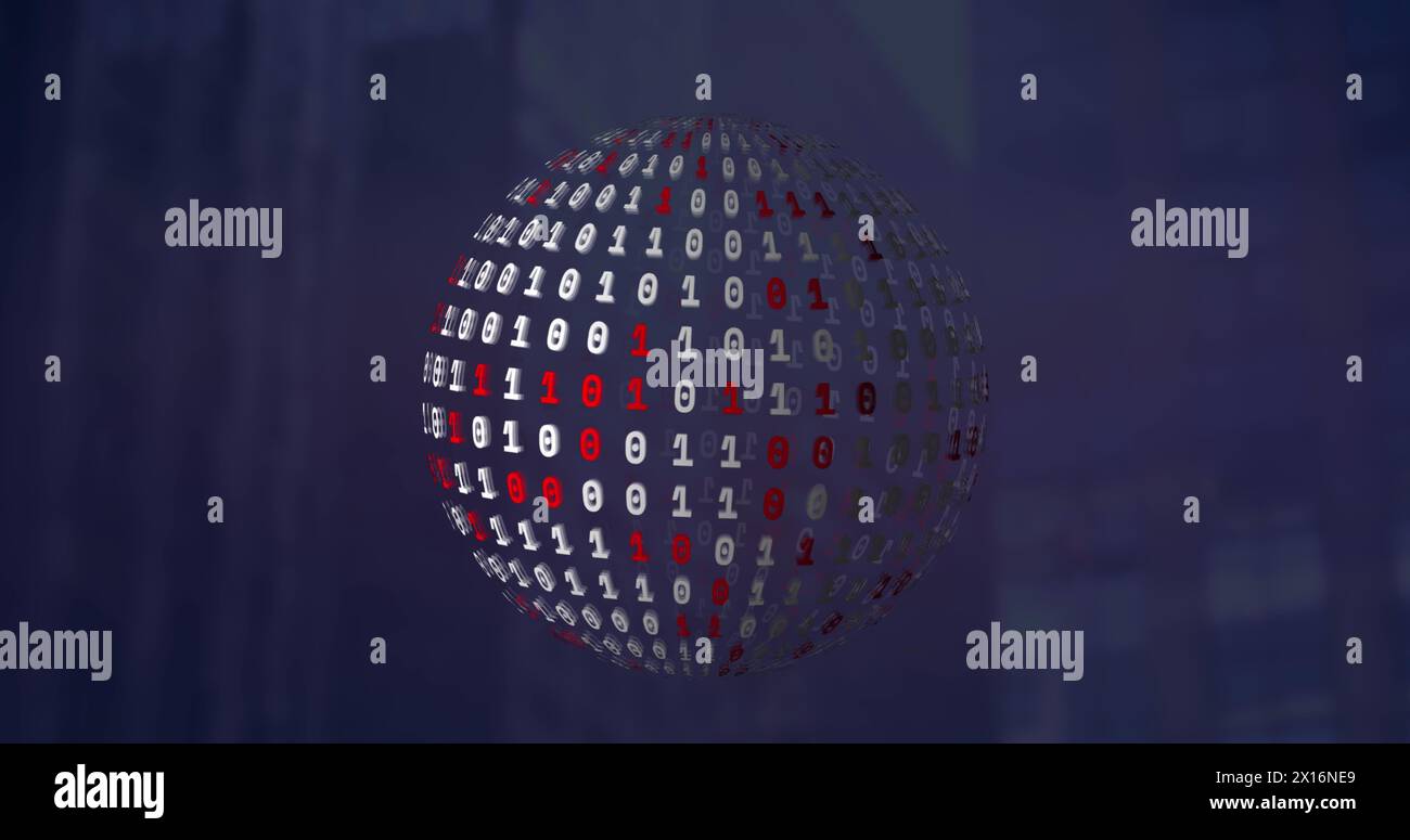 Image of globe with network of connections over binary coding Stock Photo