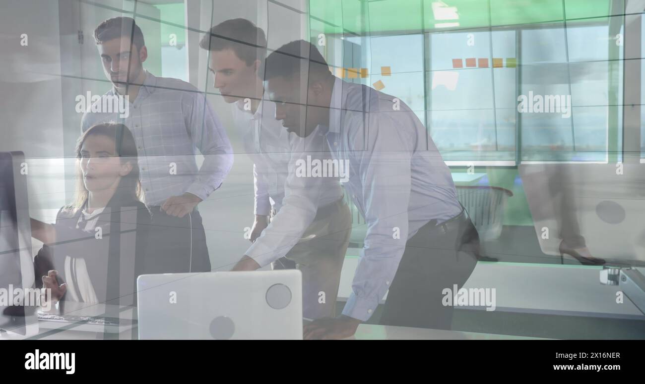Image of data processing over diverse business people using laptop Stock Photo