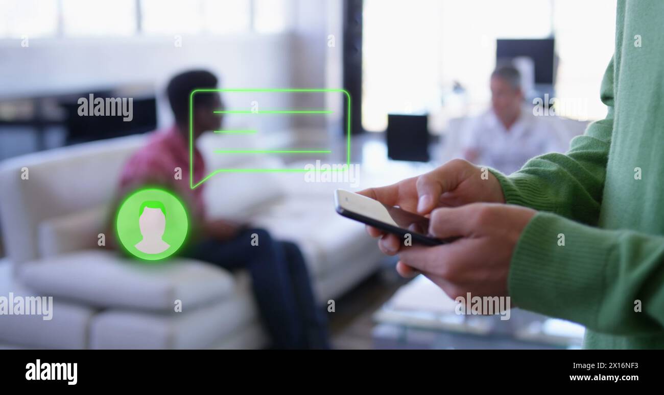 Image of media icon over hands using smartphone Stock Photo
