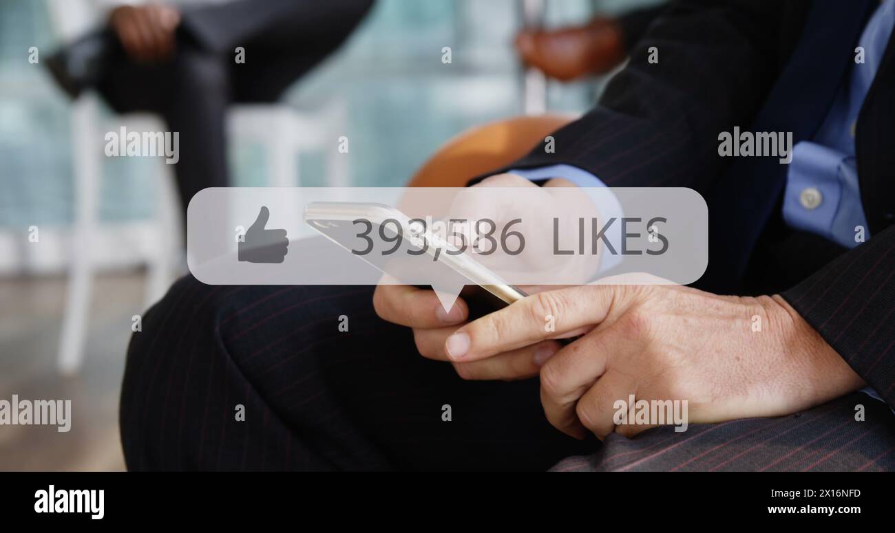 Image of media icon over hands using smartphone Stock Photo