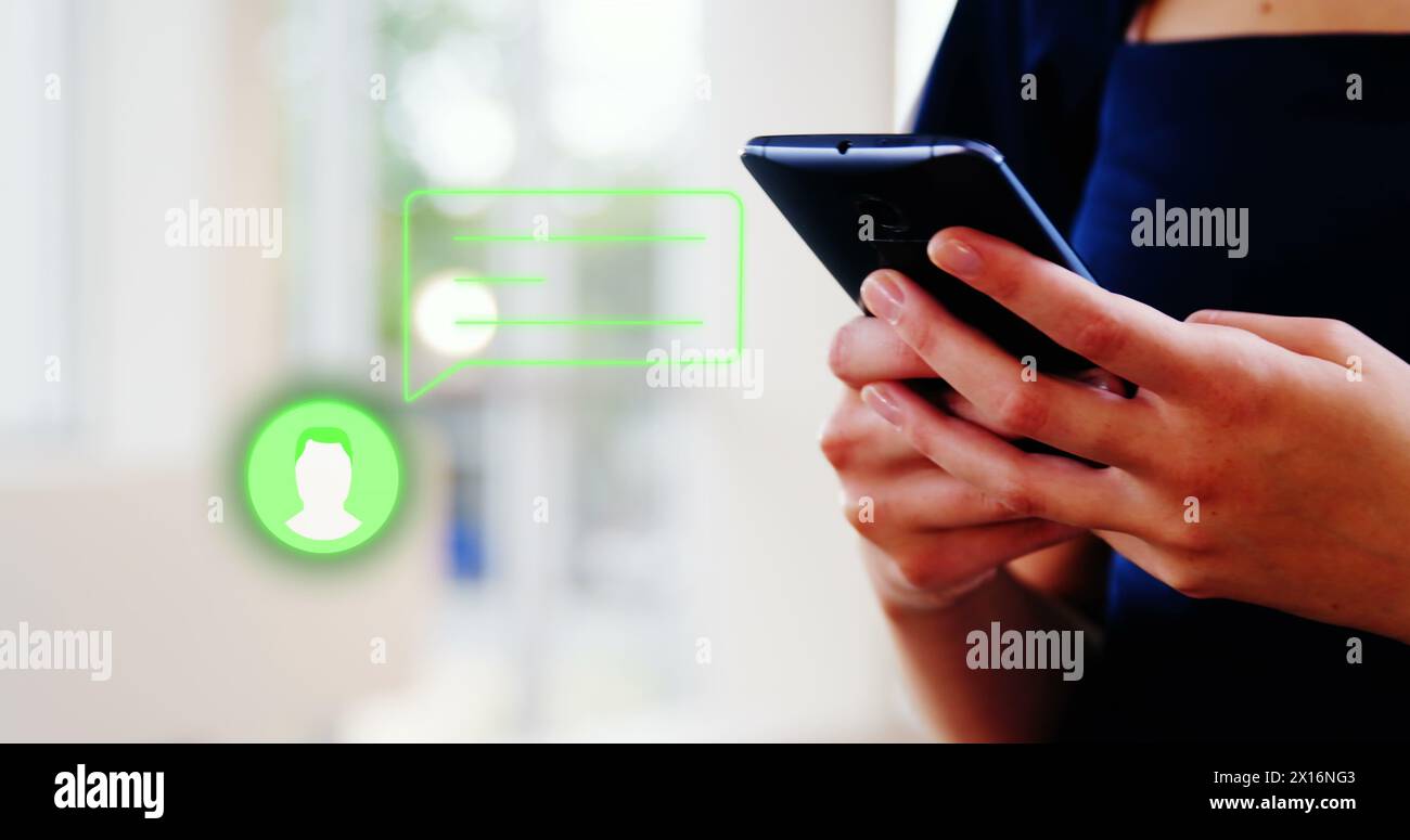 Image of media icon over hands using smartphone Stock Photo