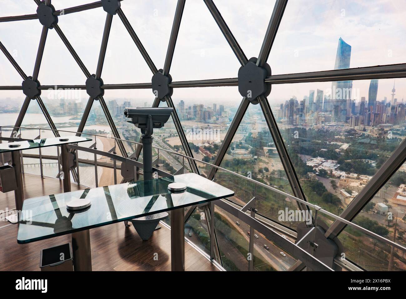 tables, chairs and binoculars inside the Kuwait Towers public ...