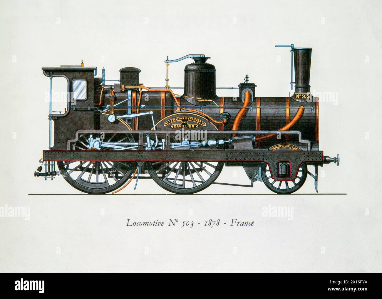 Drawing of locomotive n°503 - 1878 - France - Color engraving Stock ...