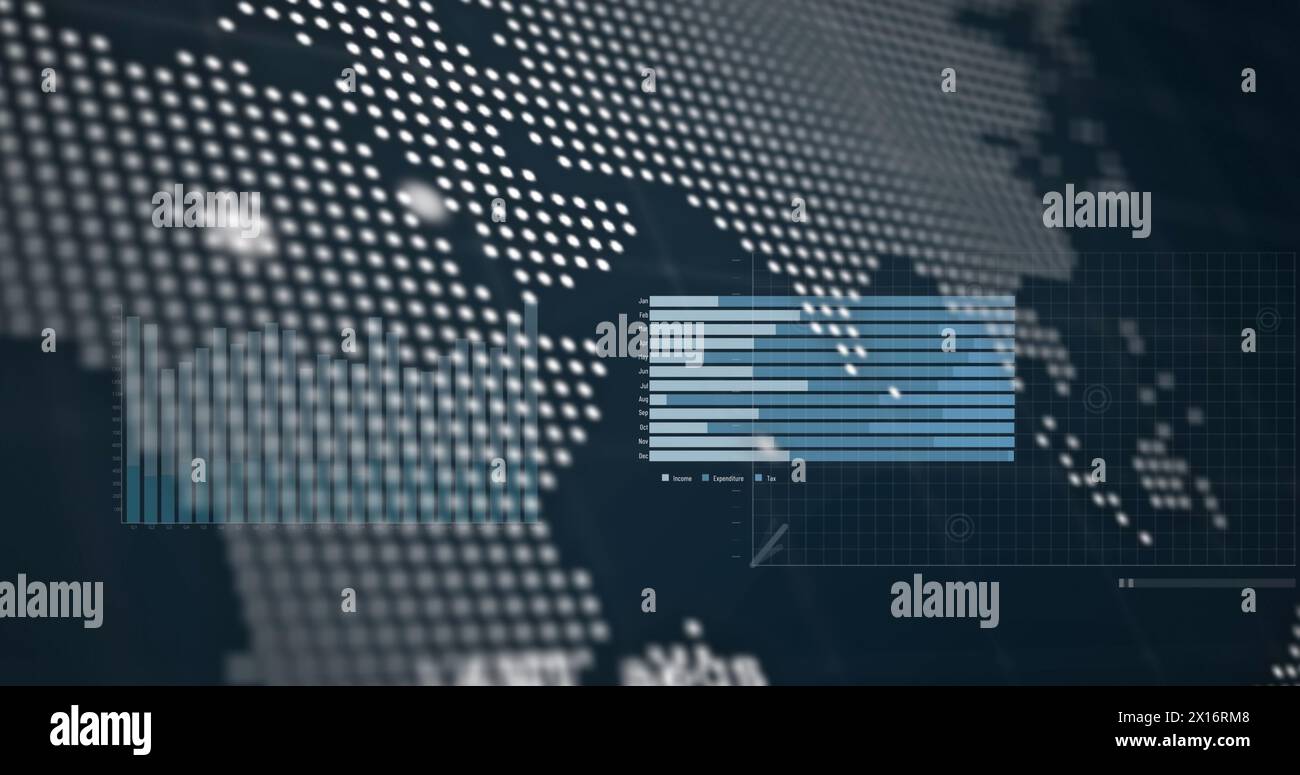 Image of financial data processing on black background Stock Photo